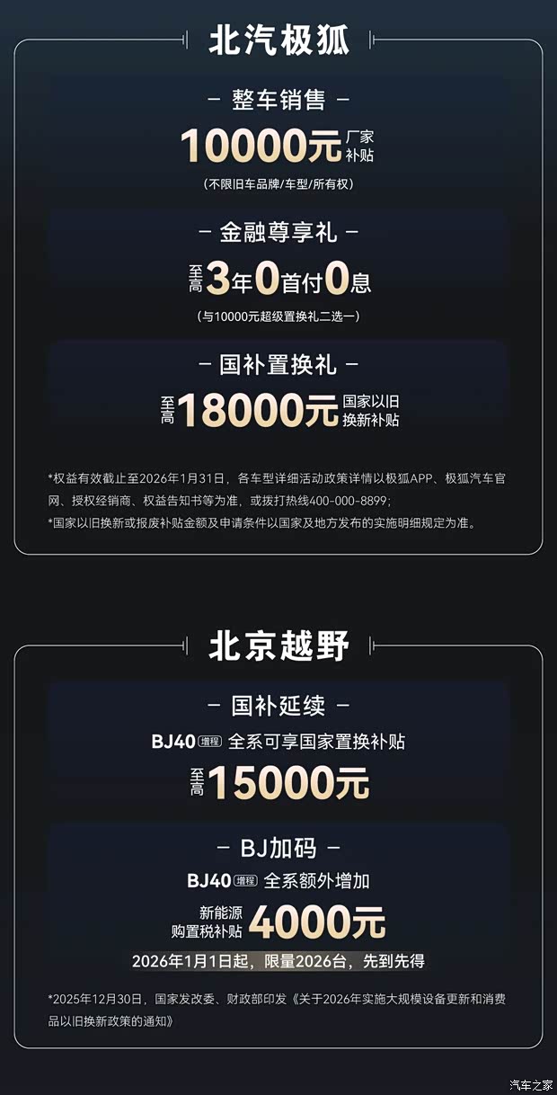 国补至高14万等 北汽集团旗下极狐、北京越野多品牌推出限时优惠