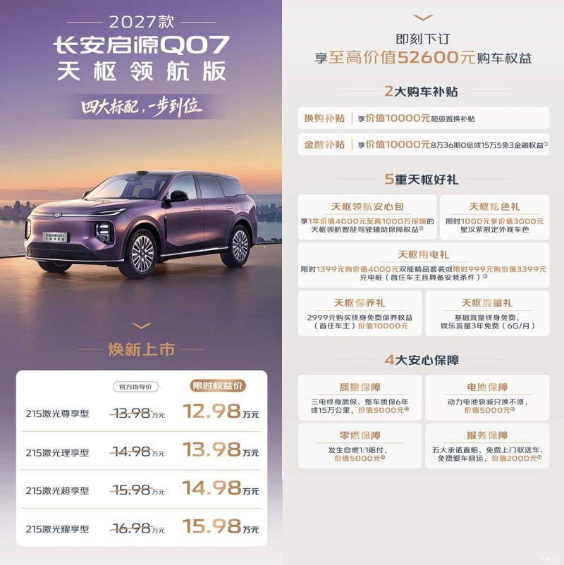 启源Q07天枢领航版正式上市 4款配置/13.98万起 老款可OTA城市领航